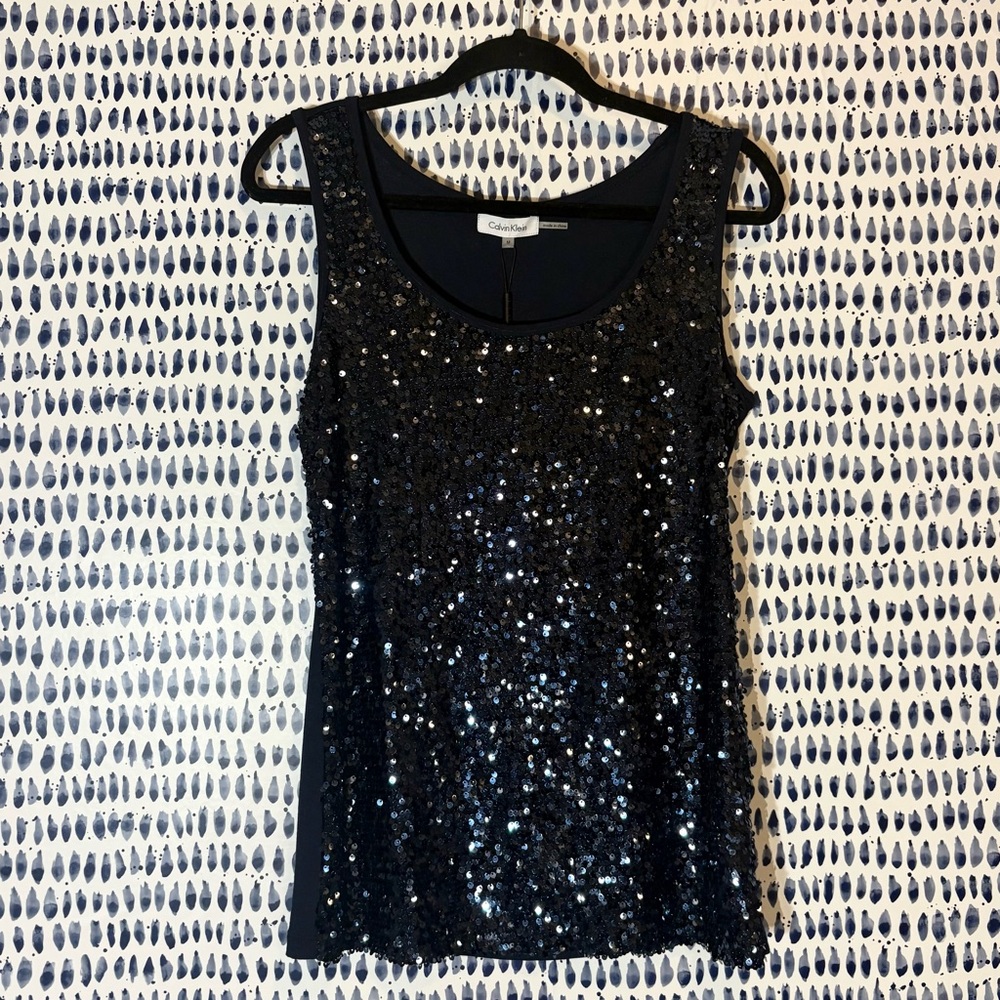 NEW NWT Women’s Calvin Klein Sequin Sleeveless Tank Top sz M Navy Blue $69.50